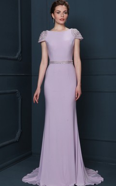 Sheath Beaded Floor-Length Jewel-Neck Cap-Sleeve Jersey Evening Dress With Waist Jewellery