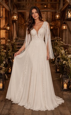 Robe de mariée bohème rustique à col en V et manches cloche, coupe trapèze