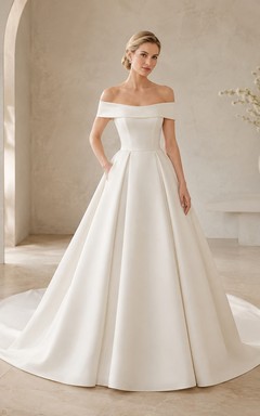 Off shoulder A-line Sweep Train Bridal Ceremony Wedding Dress Formal