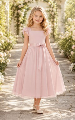 Blumenmädchenkleid aus rosafarbenem Chiffon, A-Linie, mit flatternden Ärmeln, Rundhalsausschnitt, wadenlang