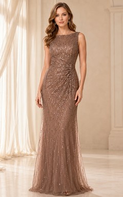 Robe de soirée de luxe Mocha à col bateau, sans manches, en tulle perlé, coupe sirène, longueur au sol, couleur moka