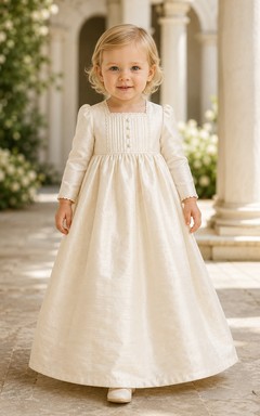 Pleated Dupioni Silk Baby Baptism A-Line Long Sleeve Gown Simple Elegant Adorable Jewel Floor-length