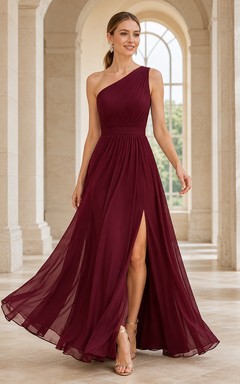 Elegantes burgunderrotes Chiffon-Abendkleid für Brautjungfern mit One-Shoulder-Schulter und vorderem Schlitz.
