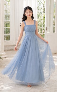 Vestido azul cielo para dama de honor junior, corte en A, sin mangas.
