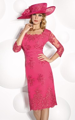 Mini Square Neck Appliqued Illusion Sleeve Chiffon Mother Of The Bride Dress