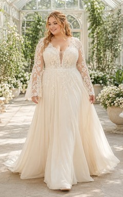 Plus Size Langarm-Chiffon-A-Linien-Brautkleid mit V-Ausschnitt für große Oberweite