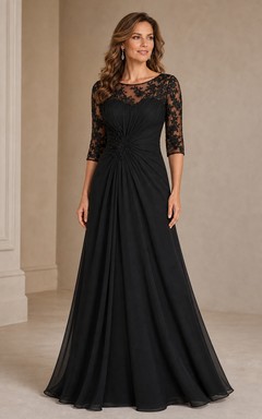 Half-Sleeved A-Line Long Mother Of The Bride Dress With Keyhole Back And Appliques