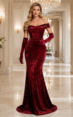 Vestido largo de invitada de terciopelo rojo con hombros descubiertos estilo sirena