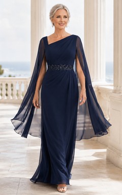 Dunkelblaues, einseitig schulterfreies, perlenbesetztes Chiffon-Cape-Etui-Abendkleid für die Mutter