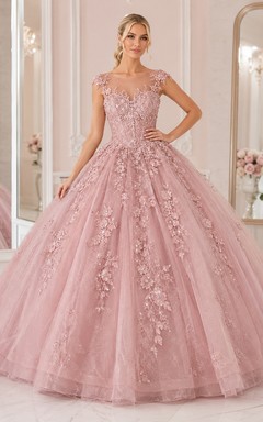 Vintage Mauve V-Neck Cap Sleeve Floral Tulle Ball Gown