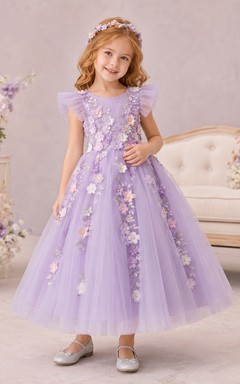 Robe de demoiselle d'honneur mi-longue en tulle lavande à manches papillon et appliqué floral 3D