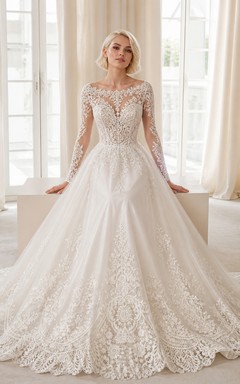 Vestido de novia de lujo estilo catedral, de manga larga, con encaje floral y corte princesa.