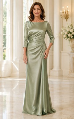 Salbeigrünes 3/4-Ärmel-Stretch-Satin-Mutterkleid mit Raffungen