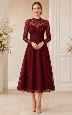 Claret High Neck Long Illusion Lace Sleeve A-Line Midi Guest Dress