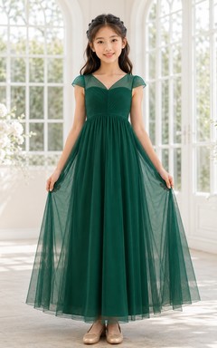 Smaragdgrünes Brautjungfernkleid für junge Mädchen, A-Linie, herzförmiger Schnitt, kurze Ärmel, Tüll, gestuft, romantisch, formell