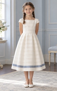 Square Neck Tea-length Ivory Textured Stripe Cap Sleeve Pleated Blue-Banded A-Line Flowergirl Dress