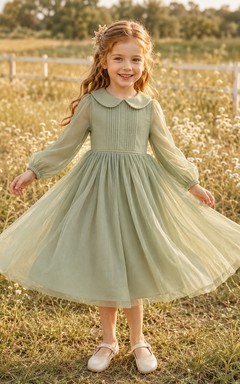 Salbeigrünes Vintage-Kleid in Teelänge, A-Linie, Tüll, lange Ärmel, Puffärmel, Blumenmädchen-Gartenkleid