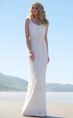Floor-Length Square Lace Wedding Dress With V Back