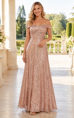 Glamouröses, rosafarbenes Pailletten-Abendkleid in Etuiform, bodenlang, schulterfrei, kurze Ärmel