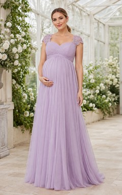 Lavender Maternity V-Neck Short Sleeve Chiffon A-Line Floor Dress