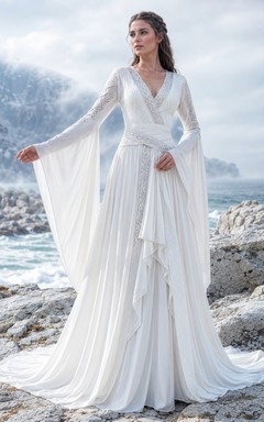 Viking Inspired V-Neck Long Wing Cape Sleeve Chiffon A-Line Sweep Train Wedding Gown