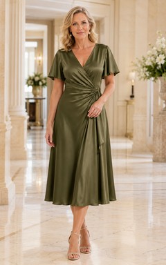 Elegantes, olivgrünes Satin-Cocktailkleid in A-Linie mit Teelänge, V-Ausschnitt, flatternden Ärmeln und seitlicher Raffung für die Mutter der Braut.