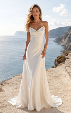 Vestido de novia sencillo de satén hasta el suelo con escote drapeado, estilo tubo, para fugarse.