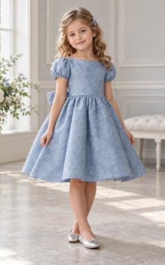 Stahlblaues Blumenmädchenkleid mit Schmuckkragen, Puffärmeln und Schleife
