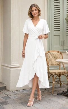 Vestido de cóctel asimétrico de gasa blanca con escote en V, manga corta y corte en A.