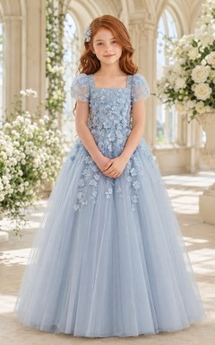 Robe de bal bleu acier à col carré et manches bouffantes, robe de demoiselle d'honneur en tulle appliqué, robe de cérémonie pour mariage formel