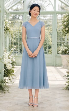 Stahlblaues Brautjungfernkleid für junge Damen, A-Linie, V-Ausschnitt, kurze Ärmel, schlicht