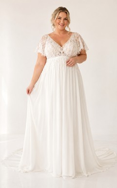 Plus Size Empire Waist Flutter Sleeve Bridal Gown