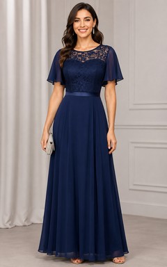 Chiffon Mother of the Bride Dress in Dark Navy, Bateau A-Line Floor-Length Gown with Lace and Sash/Ribbon