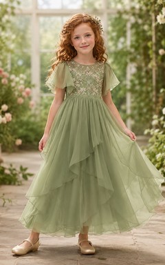 Flower Girl Dress Sage Lace Tulle A-Line Scoop Neck Tea Length Ruffle Detail