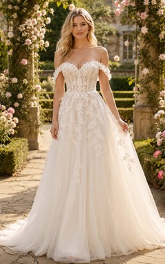 Vestido de novia de encaje, corte A, hombros descubiertos, largo hasta el suelo, con apliques y escote en V en la espalda.