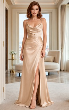 Champagne Cowl Neck Spaghetti Satin Sheath Floor-Length Split Backless Evening Dress