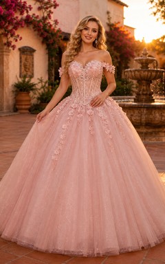 Robe de bal de princesse Blush Hacienda à épaules dénudées et décolleté cœur, en tulle pailleté et à fleurs, pour quinceañera.