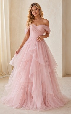 Blushing Pink Off-the-Shoulder Short Sleeve Layered Tulle Ball Gown Dress