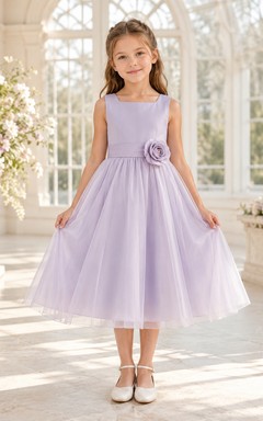 Lavender Rosette Tulle A-Line Flower Girl Dress with Jewel Neck and Tea-Length Skirt