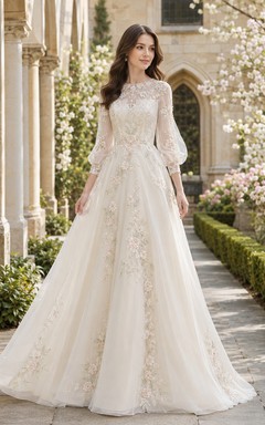 Spring Floral Long Sleeve High Neck A-Line Chapel Wedding Dress