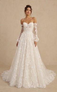 Robe de mariée princesse style bal, épaules dénudées, manches longues, décolleté cœur, tulle et dentelle appliqués, dos corset, traîne chapelle, couleur ivoire.