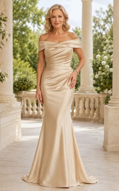 Champagne Luxury Off-Shoulder Stretch-Satin Mermaid Floor-Length Mother of the Bride Dress with Sculpted Ruching