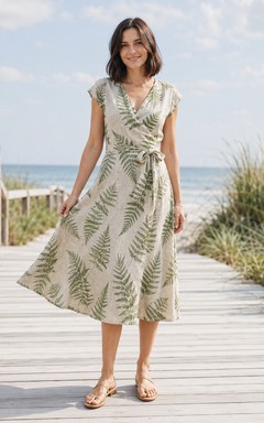 Fern Print V-Neck Cap Sleeve Beach Midi Dress