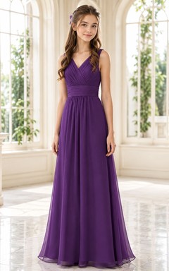 Amethystfarbenes Brautjungfernkleid für junge Damen, A-Linie, V-Ausschnitt, ärmellos, elegant, formell