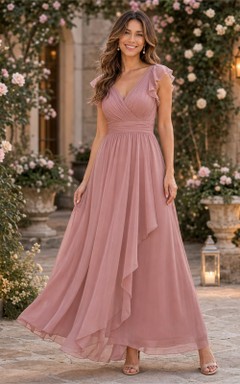 Dusty Rose Flutter Sleeve Chiffon Floor-length Dress