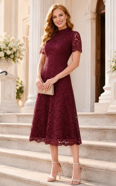 Burgundy High Neck Cap Lace Sleeve Keyhole A-Line Midi Guest Dress
