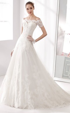 Off-shoulder A-line Wedding Dress with T-shirt Sleeves and Brush Train 