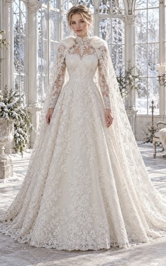 Vestido de novia vintage de corte A con cuello alto, manga larga, ribete de piel y encaje