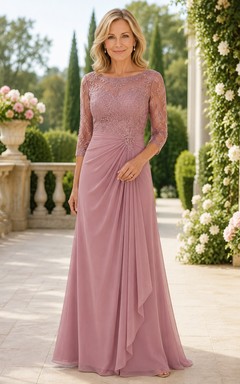 MOB-Kleid aus altrosafarbenem Chiffon mit Spitze, A-Linie, 3/4-Ärmeln, Rundhalsausschnitt, bodenlang, mit Rüschendetails und Drapierung