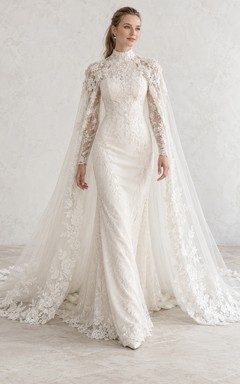 Modest Long Sleeve High Neck Lace Winter Wedding Cape Dress
